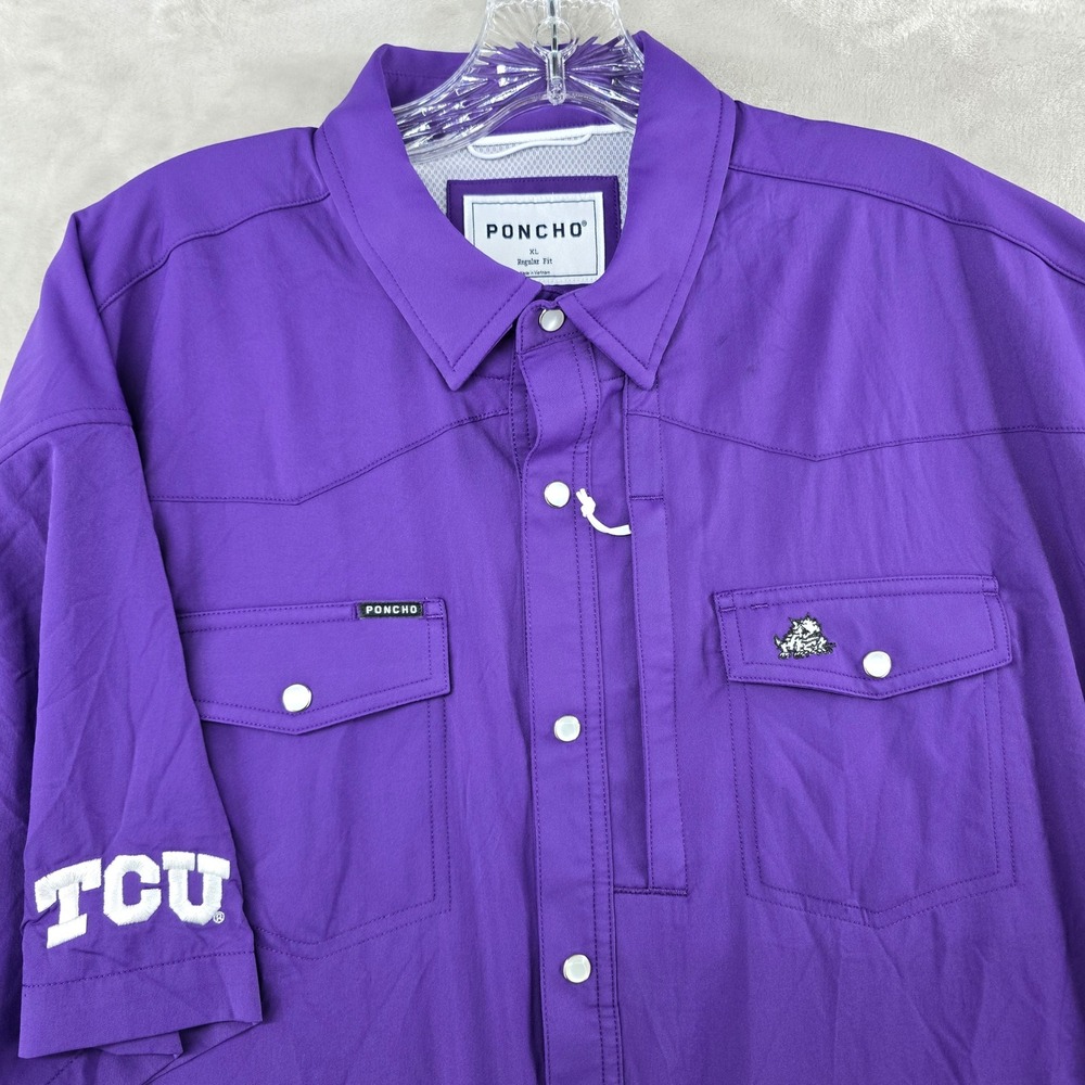 Poncho Western Shirt Mens XL Purple TCU Horned Frogs Short Sleeve Pearl Snap New